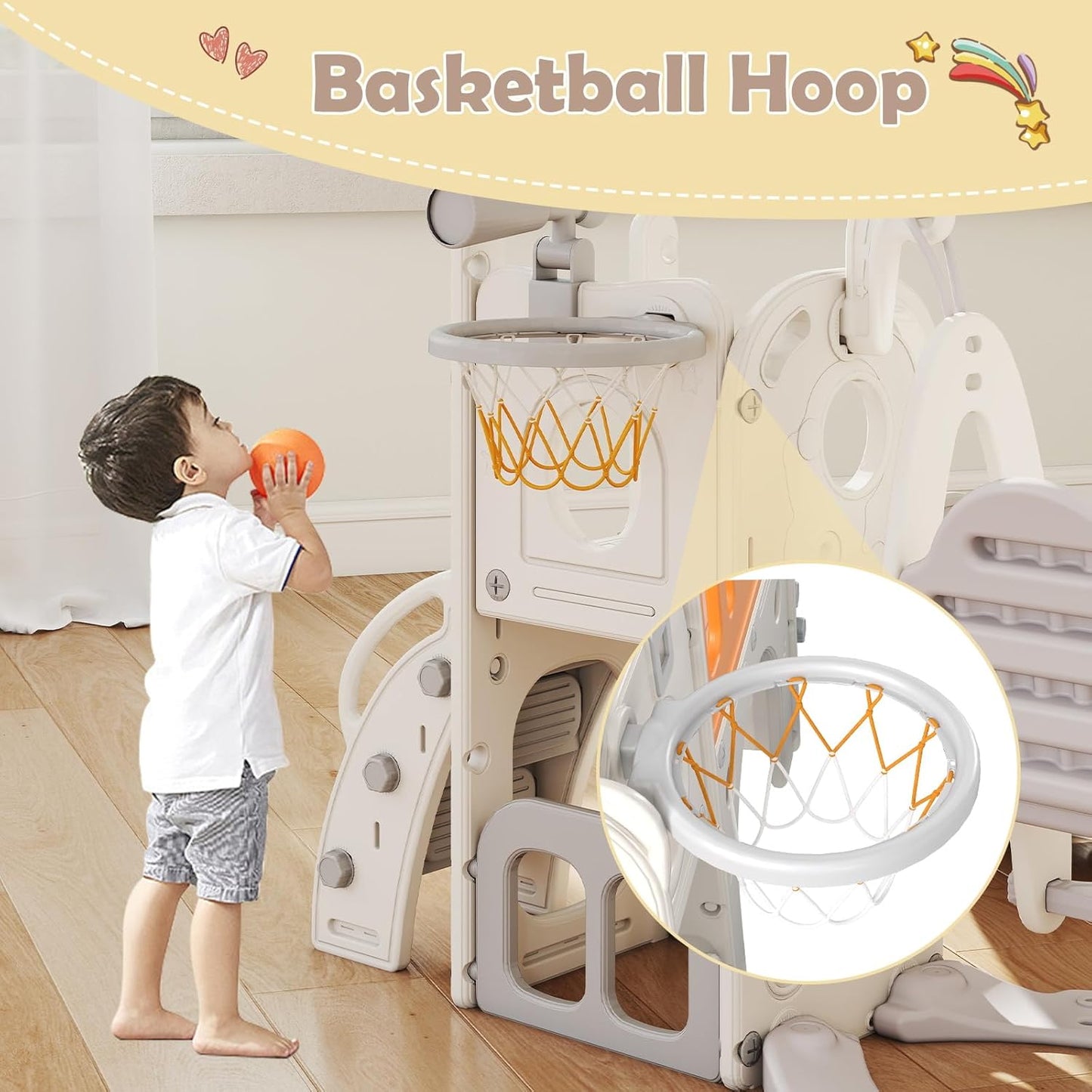 kinbor 6 in 1 Toddler Slide PlaySet - Indoor Outdoor Fun for Kids Ages 1-3, Includes Basketball Hoop, Telescope, Storage & Climber, Safe, Sturdy Baby Slide for Backyard Playground, Blue