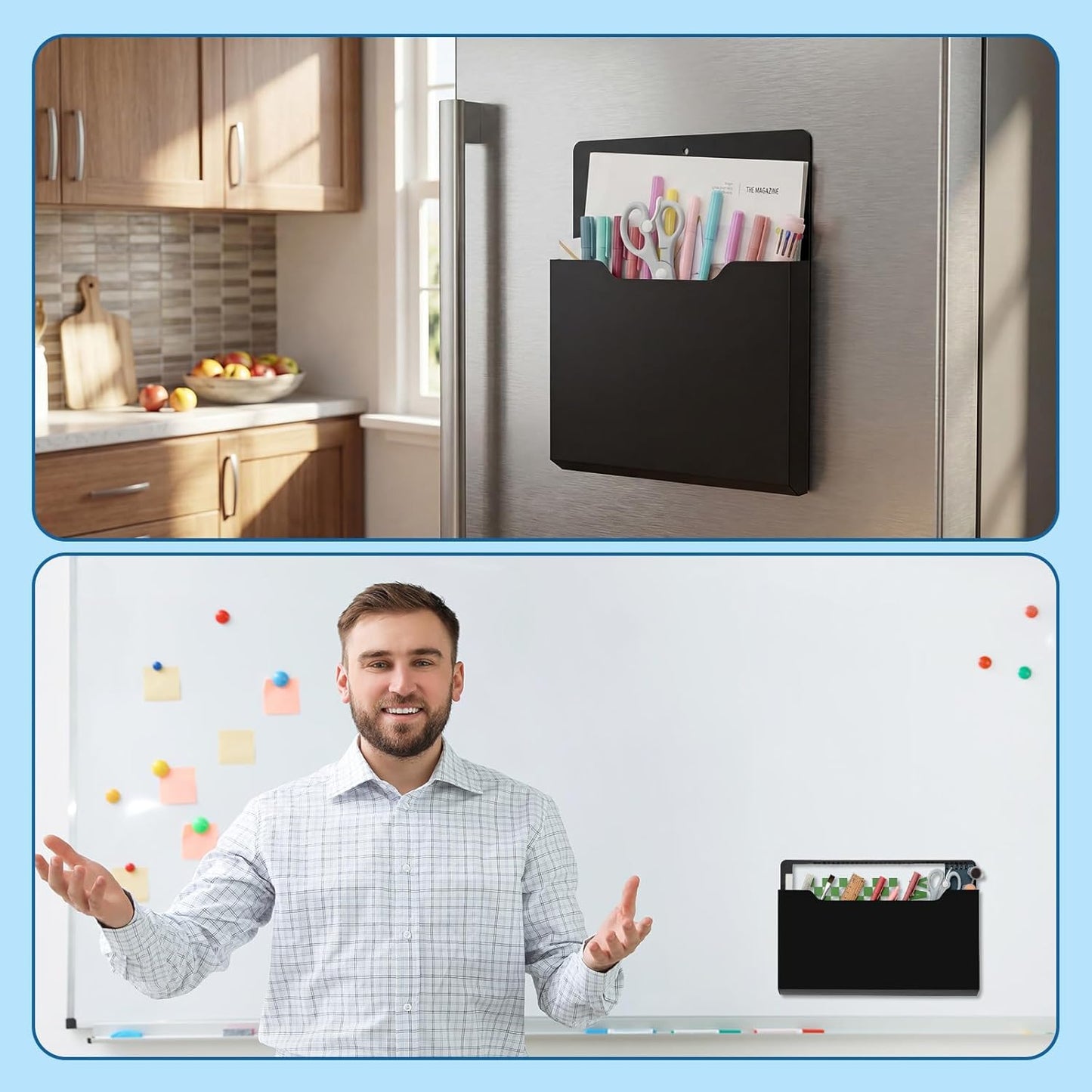 Fuutreo 6 Pcs Magnetic Wall File Organizer Magnetic Wall File Holder Refrigerator Magazine Holder for Mail Letters Paper(Aqua Green,Vertical-large)