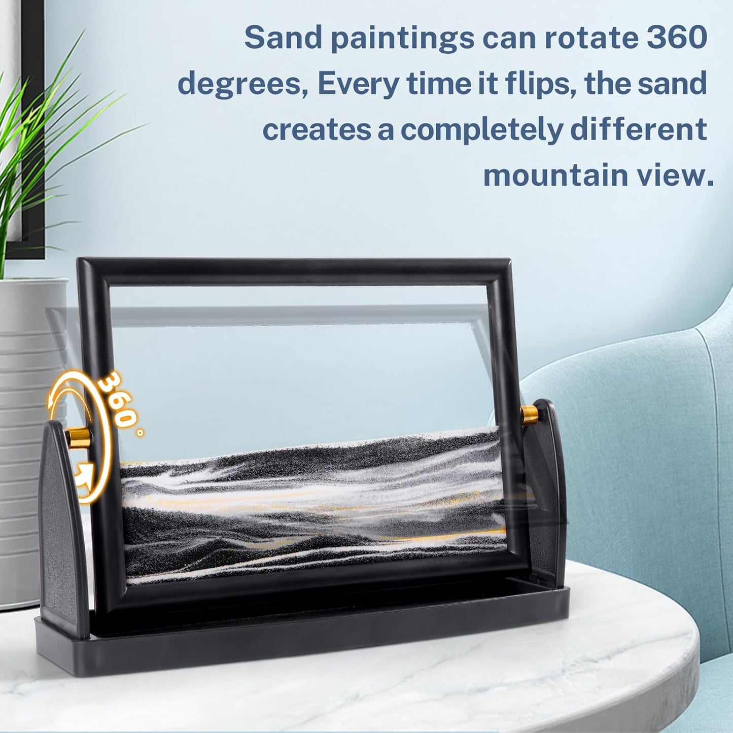 BOLGRLONG Moving Sand Art Liquid Motion 3D Dynamic Mountains Sandscape Painting, Square Glass Sands Painting with Easy-Flip Stand, Sensory Relaxing Decor for Home and Office (9") (Black)