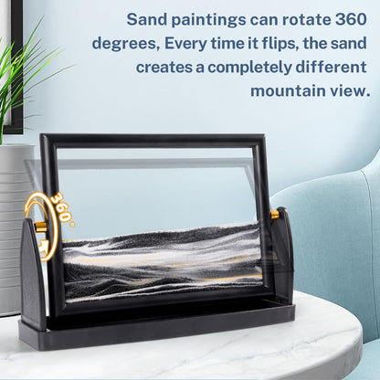 BOLGRLONG Moving Sand Art Liquid Motion 3D Dynamic Mountains Sandscape Painting, Square Glass Sands Painting with Easy-Flip Stand, Sensory Relaxing Decor for Home and Office (9") (Black)