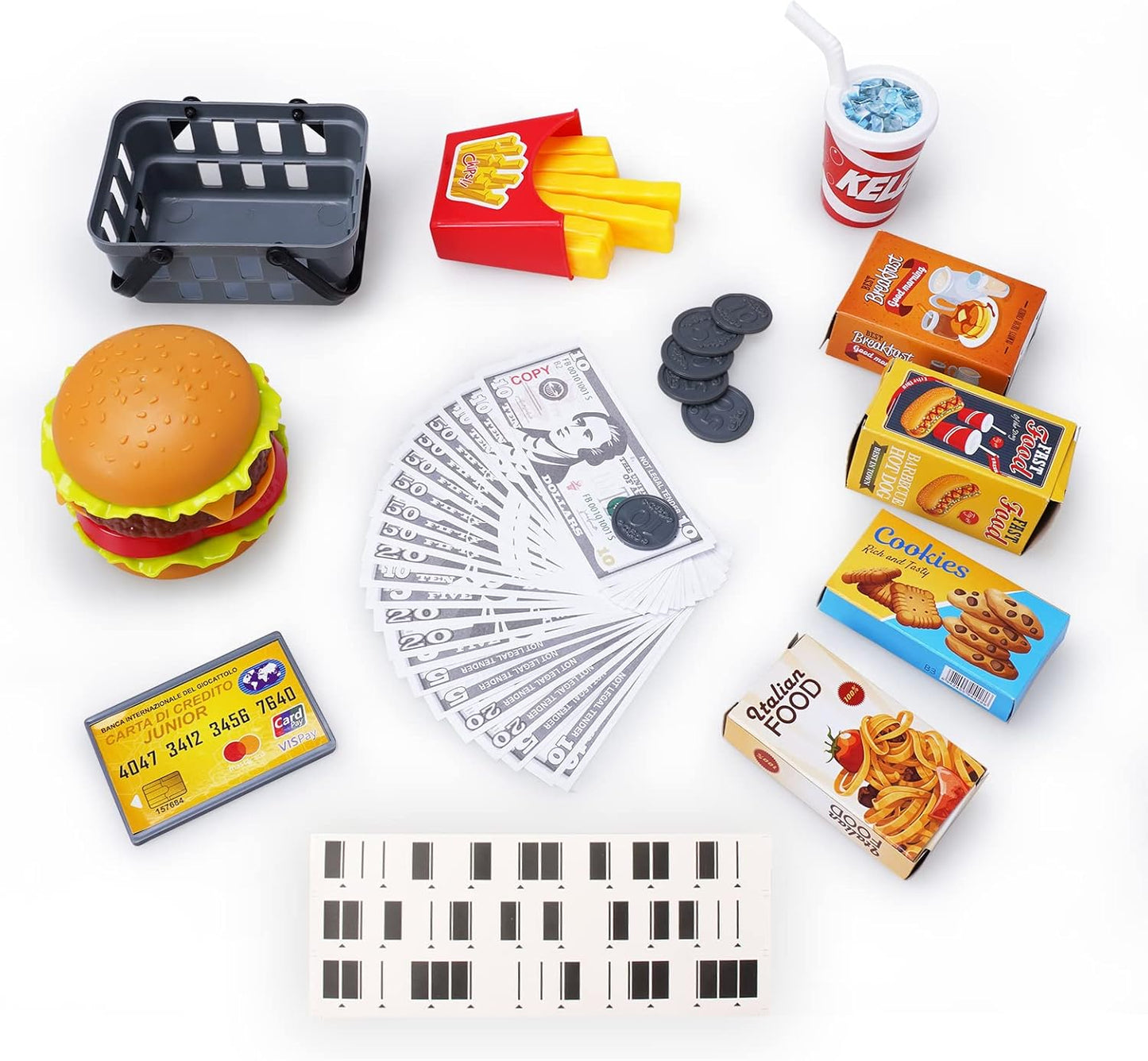 FS Pretend Play Cash Register Toy Preschool Gift for Kids, Classic Count Toy with Sound, Microphone, Scanner, Credit Card, Play Food for Boys & Girls, 57 Pieces Play Set, Ages 3 4 5 6 7, Purple