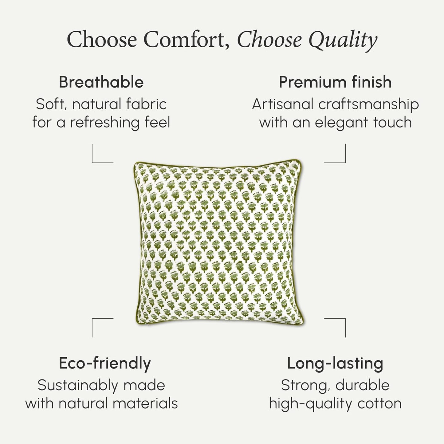 CPC 100% Cotton Throw Pillow Covers 18x18 Inch, Set of 2 Green Block Print Pattern Couch Pillow, Cute Boho Decorative Pillows for Living Room, Bedroom with Hidden Zipper- Agate Green