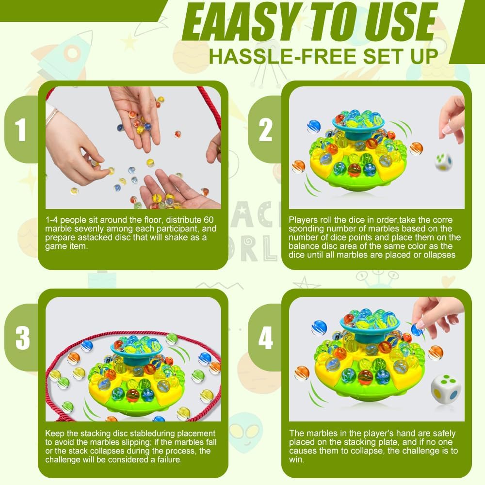 3-Tier Marble Balance Game for Kids Ages 6+ | 60 Glass Marbles STEM Strategy Toy | Family Party Game for Boys and Girls | Fine Motor & Coordination Skill Builder | Includes Storage Bag