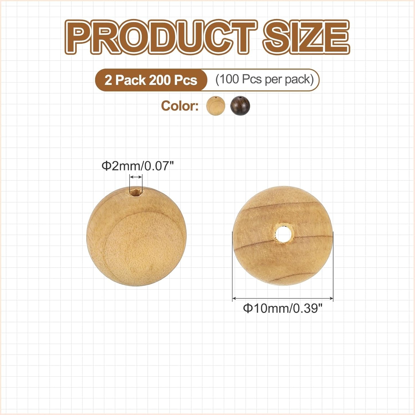 HARFINGTON 200pcs Round Wooden Beads, 10mm Dia Small Wood Beads for DIY Crafts, Bracelet, Wristlet, Necklace, Jewelry Making, Khaki Brown&Black