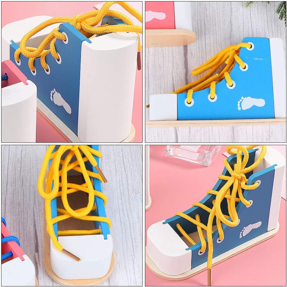 NUOBESTY Shoe Tie Practice for Kids Learn to Tie Shoes Tying Practice Board Lacing Toy Wooden Shoelaces Knot Tying Kit Teaching Preschool Learning Toys, Blue