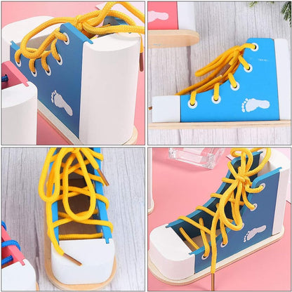 NUOBESTY Shoe Tie Practice for Kids Learn to Tie Shoes Tying Practice Board Lacing Toy Wooden Shoelaces Knot Tying Kit Teaching Preschool Learning Toys, Blue