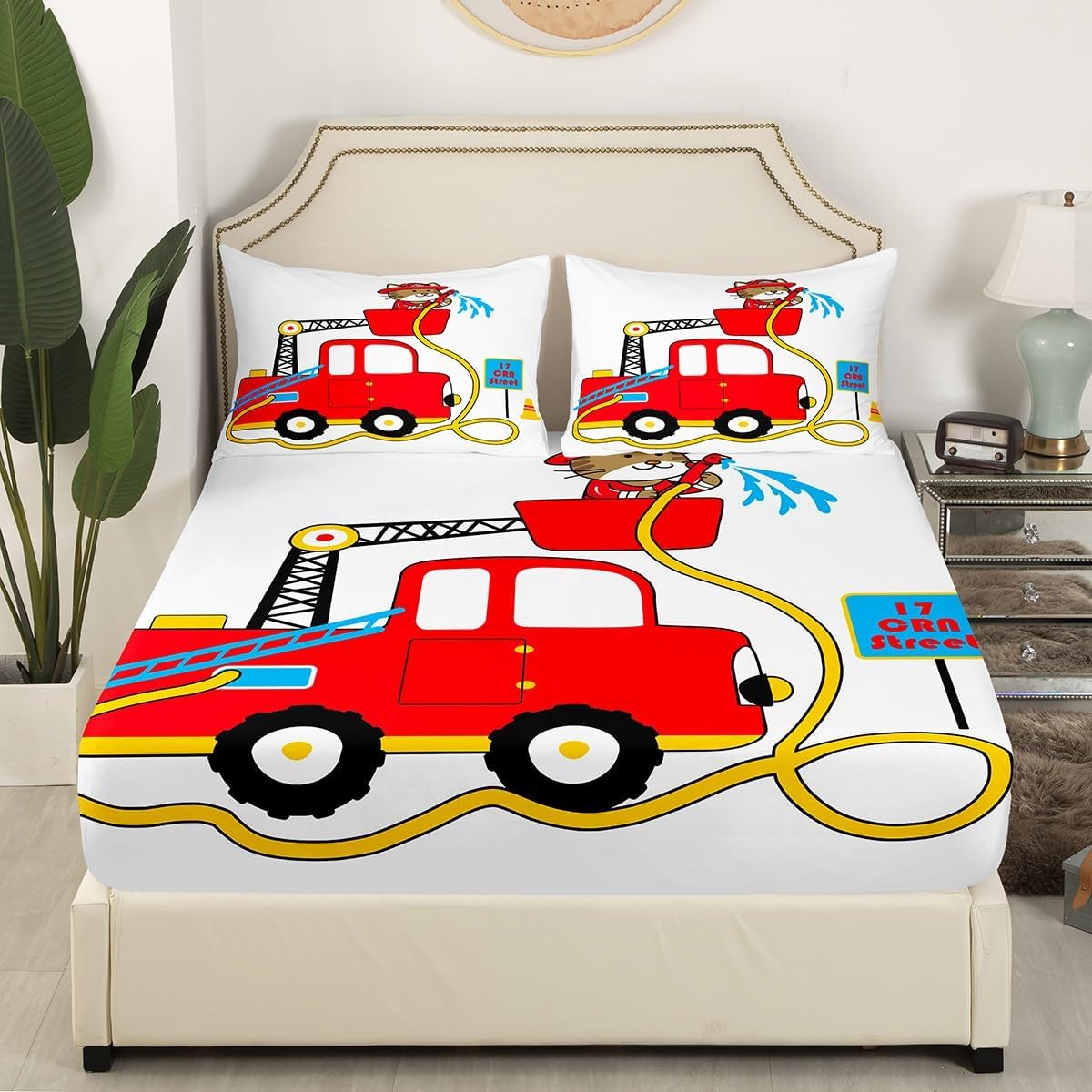 Manfei Musical Kids Fitted Sheet Full Size, MusicalGuitar Radio Drum Kit Headset Print Bedding Set 3pcs for Boys Girls, Rock Music Bed Cover with 2 Pillowcases, Soft Polyester Bedding, No Top Sheet