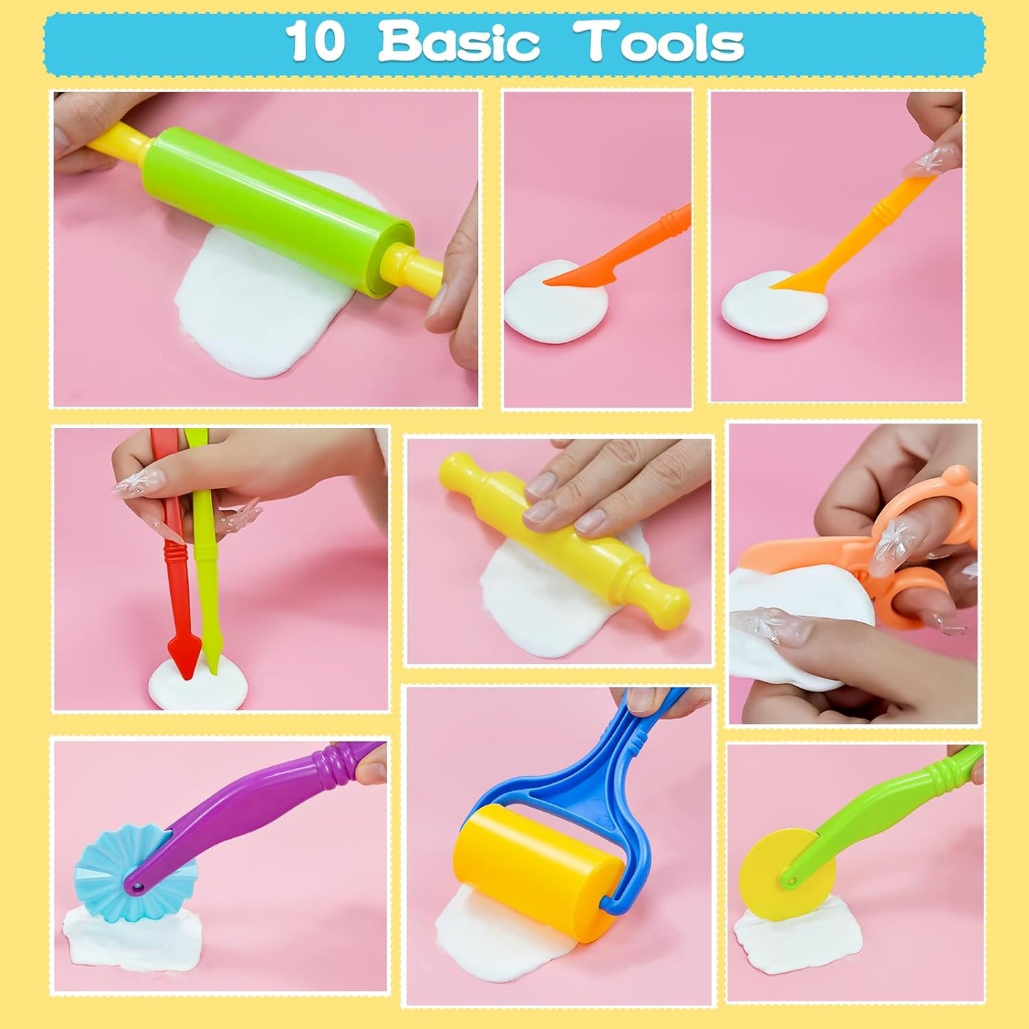 LCY WEDSHI Dough Tool Set, 9 Pcs Dough Tools Sets for Kids Ages 4-8, Dough Accessories Includes Cutters Roller, Rolling Pins, Safety Scissors, Plastic Knife, Plastic Rollers