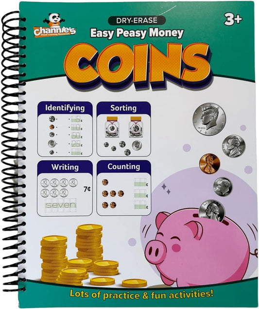 Channie's Easy Peasy Dry Erase Money Book - Fun Toddler Activity Book - Teaches Counting Coins for Kids Ages 3-5/6-8 - Pennies, Nickels, Dimes, Quarters - Money Workbooks for Kids - 65+ Pages