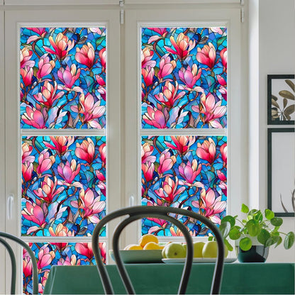JOONOR Privacy Window Film Stained Glass Window Sticker Non-Adhesive Frosted Glass Film Decorative Magnolia Flower Pattern Static Cling Decals for Home UV Blocking/Heat Insulation 17.7 x 39.4 Inch