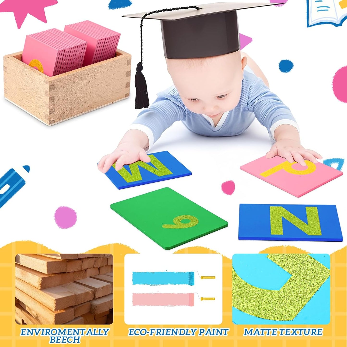 Henoyso 3 Sets Sandpaper Letters with Boxes Lower and Capital Case Sandpaper Sensory Tactile Letters Alphabet for Learning Education Easter Gift (Letter,Number,Bright)