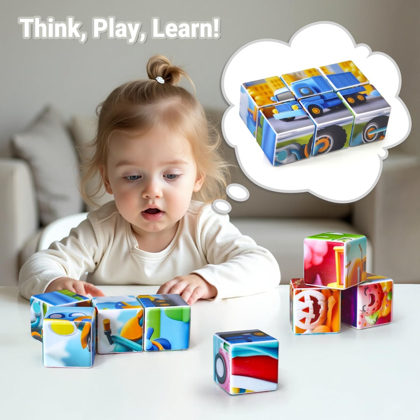 Pairez Toys 3D Magnetic Cubic Jigsaw Puzzle Toys for Toddlers, Large Building Blocks Cubes 1.65 Inches, Sensory & Montessori Toys for Kids 3-5
