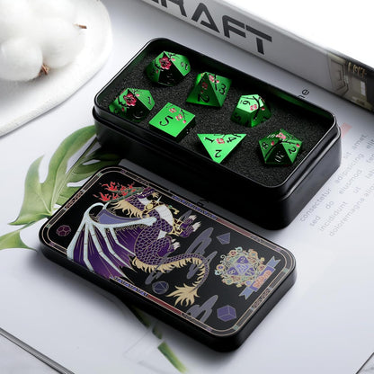 DnDnD Heavy Polyhedral Metal Dice Set with Metal Box, 7-die Shiny Blue Surface with Golden Number for RPG,Dungeons and Dragons,Pathfinder,Shadowrun,D&D,Role Palying Game and Math Teaching - Colors B