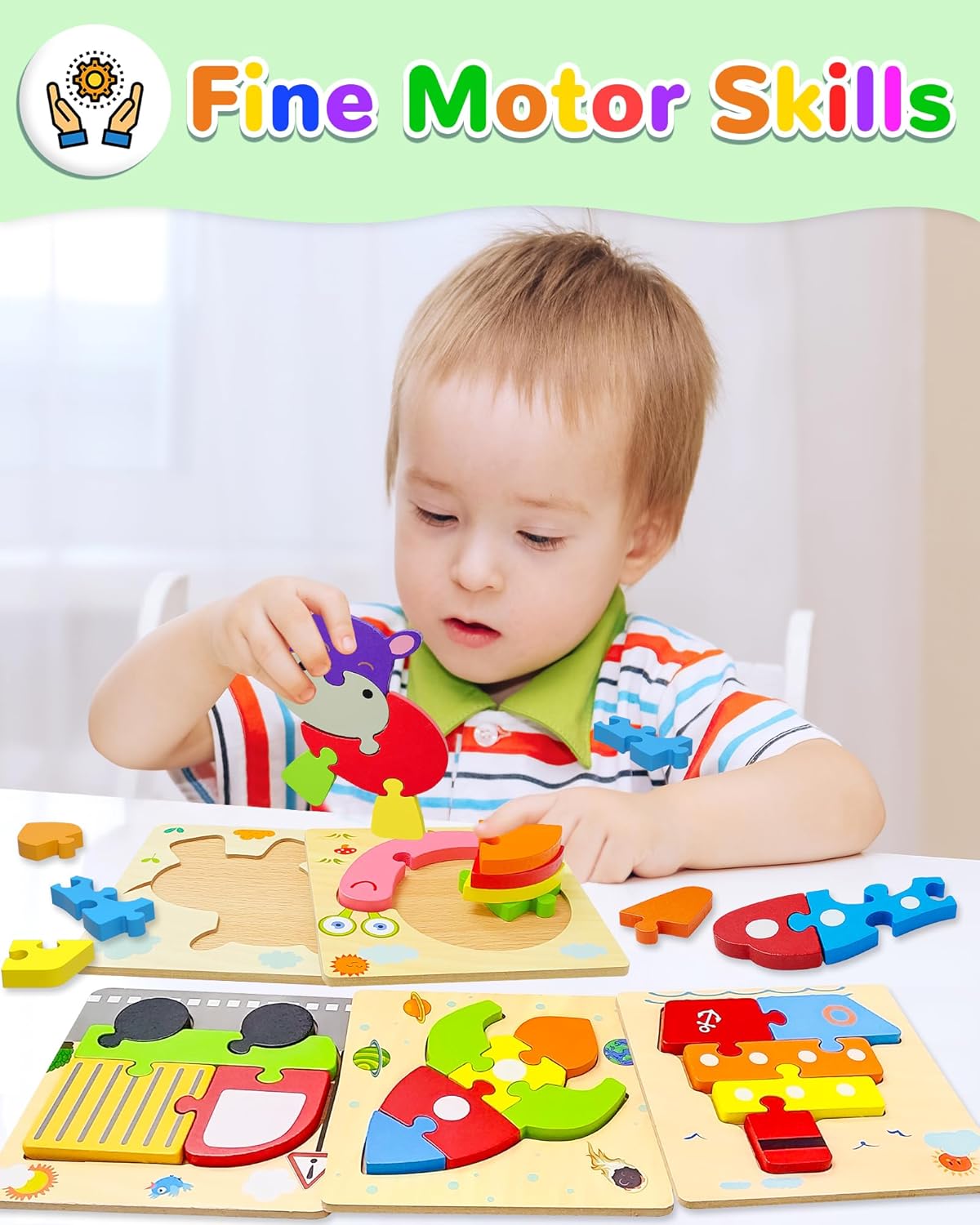 Yetonamr Wooden Toddler Puzzles Gifts Toys for 1 2 3 Years Old Boys Girls, 6 Vehicle Shape Montessori Toys Educational Blocks Kids Toys Gift Baby Learning Toy Age 1-3, 2-4