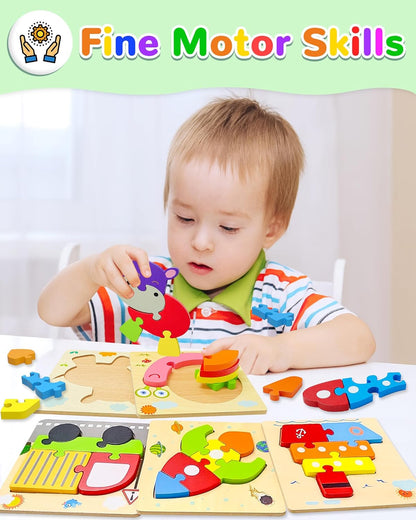 Yetonamr Wooden Toddler Puzzles Gifts Toys for 1 2 3 Years Old Boys Girls, 6 Vehicle Shape Montessori Toys Educational Blocks Kids Toys Gift Baby Learning Toy Age 1-3, 2-4