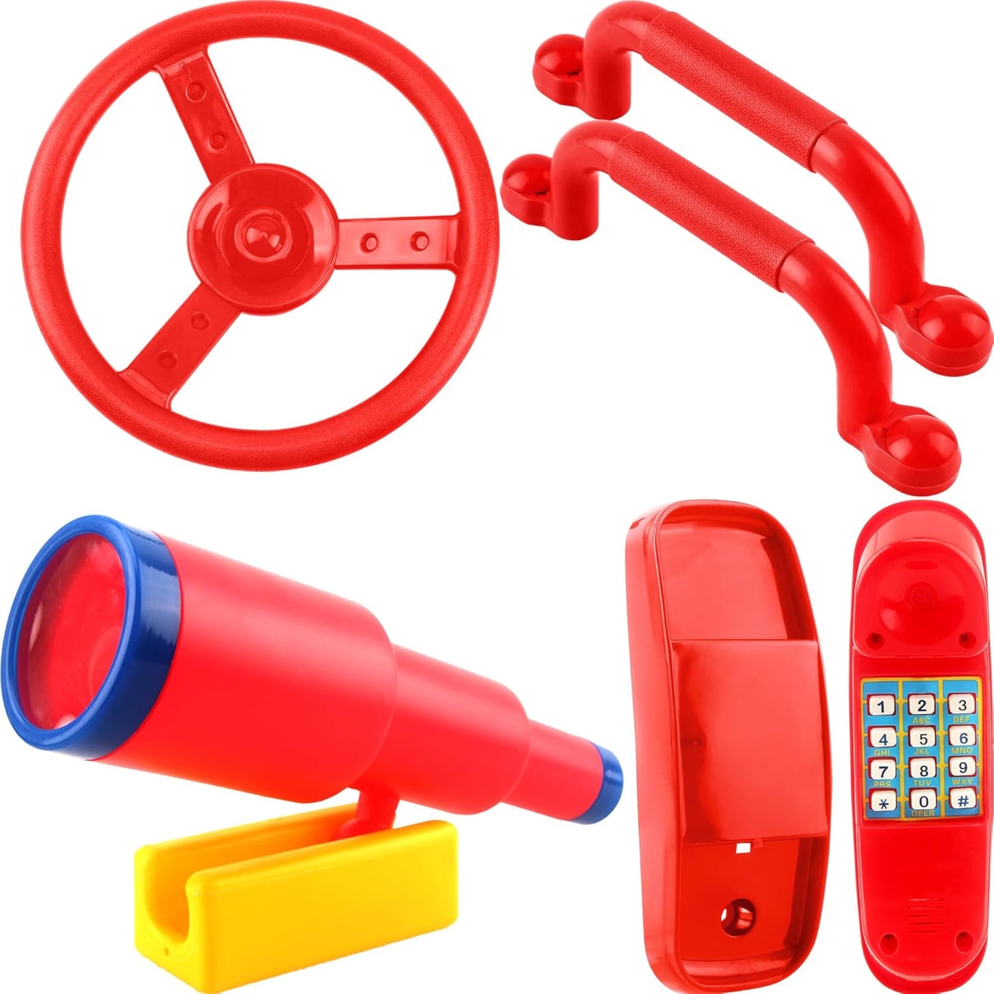 5 Pack Kids Playground Accessories Set Swingset Steering Wheel Plastic Telescope Safety Handles Telephone Toy for Outdoor Playhouse Playset (Color Set 4)