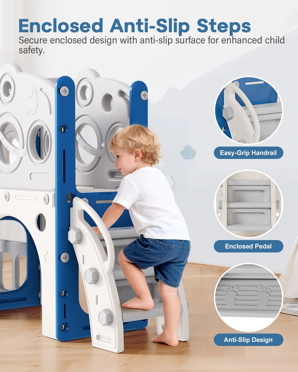 Babytronic Toddler Slide, 8 in 1 Kids Slide with Basketball Hoop, Telescope and Climber, Baby Slide Toddler Playground, Indoor Outdoor Playset for Toddlers Age 1-3, Kids Indoor Playground (White&Gray)