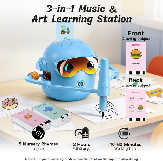 Drawing Robot for Kids with Voice Read & Music Educational Drawing Machine, Montessori Painting Learning Toy for Age 3-12, 4 Paintbrushes/100 Cards/12 Colorful Pens, Gift for Boys & Girls