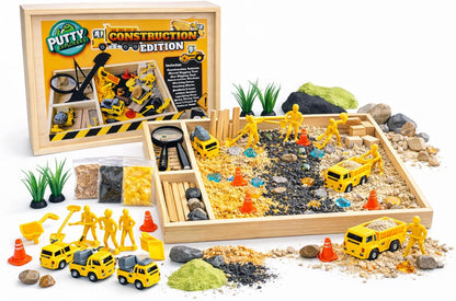 Construction Sensory Bin for Kids - DIY Jr Putty Explorers Wooden Sensory Play Kit with Play Sand, Trucks, Tools & Gems - Montessori STEM Fine Motor Toy for Toddlers & Preschool Boys 3+