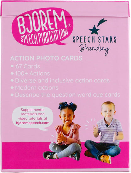 Bjorem Speech® Action Photo Cards - Engaging Speech Therapy Tool for Verb Recognition and Language Development - 50 Diverse and Educational Cards with Storage Box