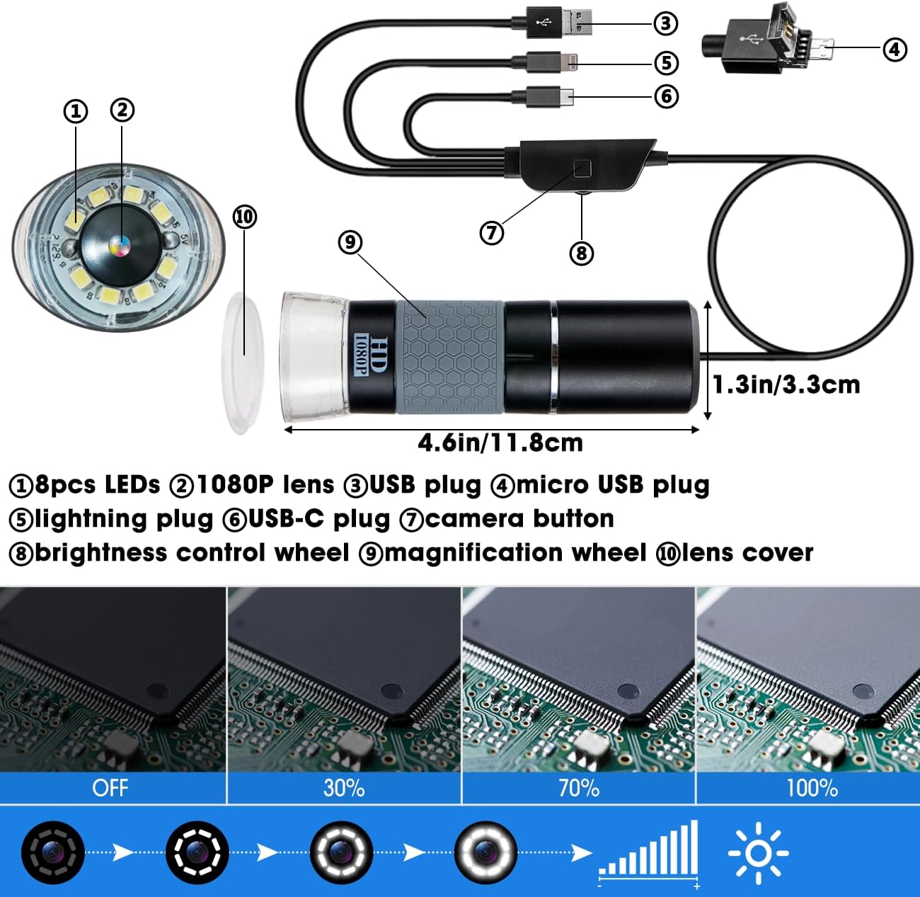 Jiusion 40 to 1000x Magnification Endoscope, 8 LED USB 2.0 Digital Microscope, Mini Camera with OTG Adapter Metal Stand, Compatible with Mac Windows 7 8 10 11 Android Linux Chrome Not for iPhone/iPad