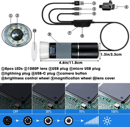 Jiusion 40 to 1000x Magnification Endoscope, 8 LED USB 2.0 Digital Microscope, Mini Camera with OTG Adapter Metal Stand, Compatible with Mac Windows 7 8 10 11 Android Linux Chrome Not for iPhone/iPad