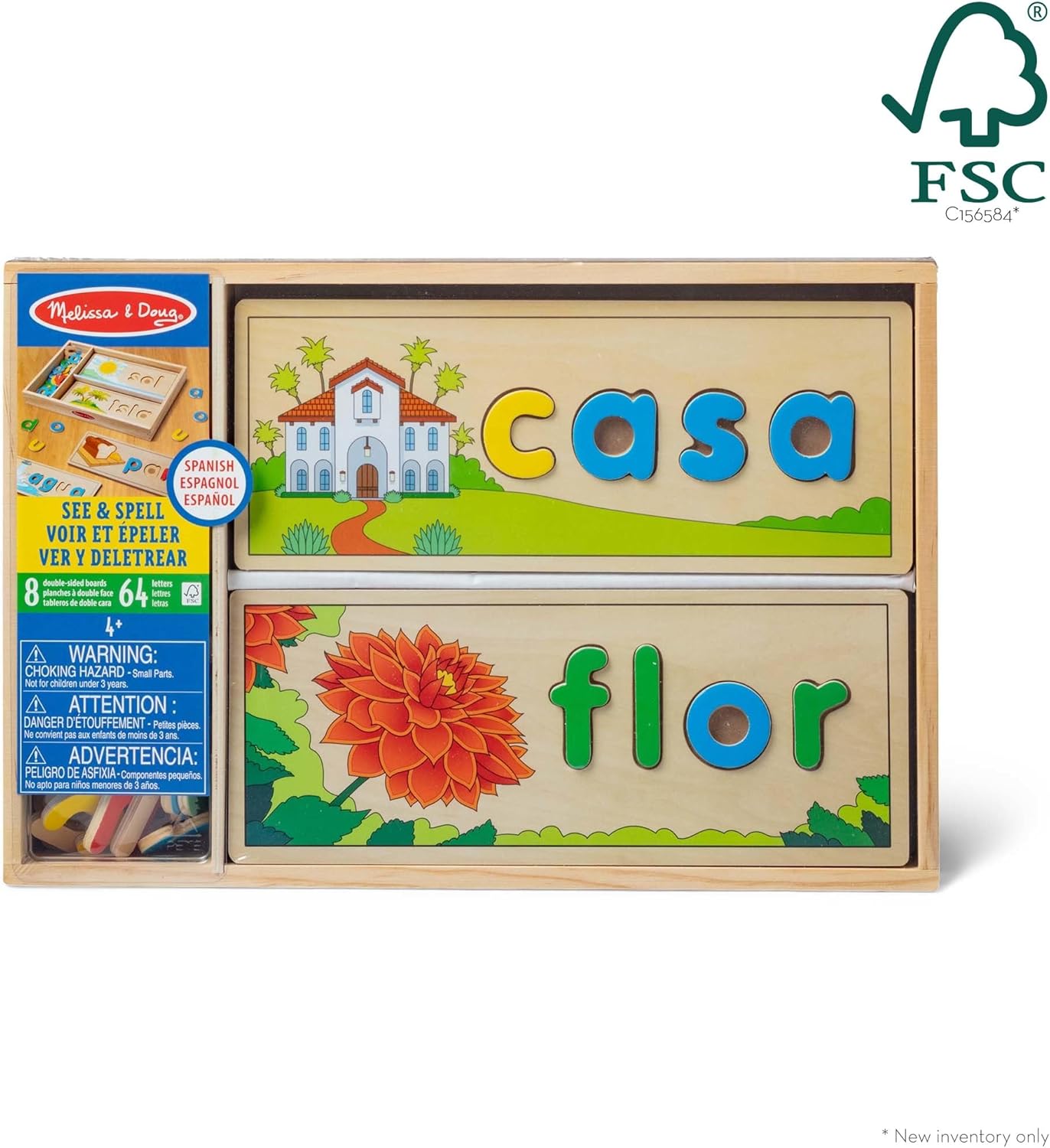 Melissa & Doug See & Spell Wooden Educational Toy with 8 Double-Sided Spelling Boards and 64 Letters Preschool Learning Activities, See & Spell Learning Toys for Kids Ages 4+