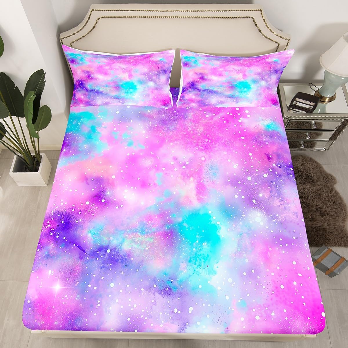 Manfei Musical Kids Fitted Sheet Full Size, MusicalGuitar Radio Drum Kit Headset Print Bedding Set 3pcs for Boys Girls, Rock Music Bed Cover with 2 Pillowcases, Soft Polyester Bedding, No Top Sheet