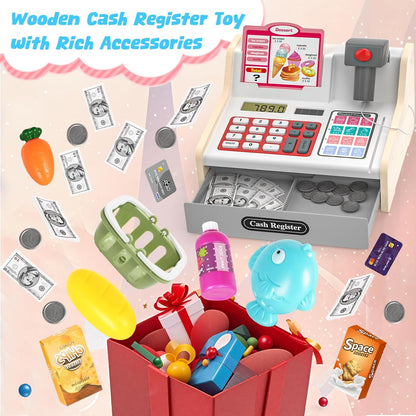 Kids Cash Register Toy Playset, Toddler Prentend Play Store with Real Calculator Cash Register with Scanner/Credit Card/Play Money/Food, Learning Toys for Boys Girls Toddlers(Pink)