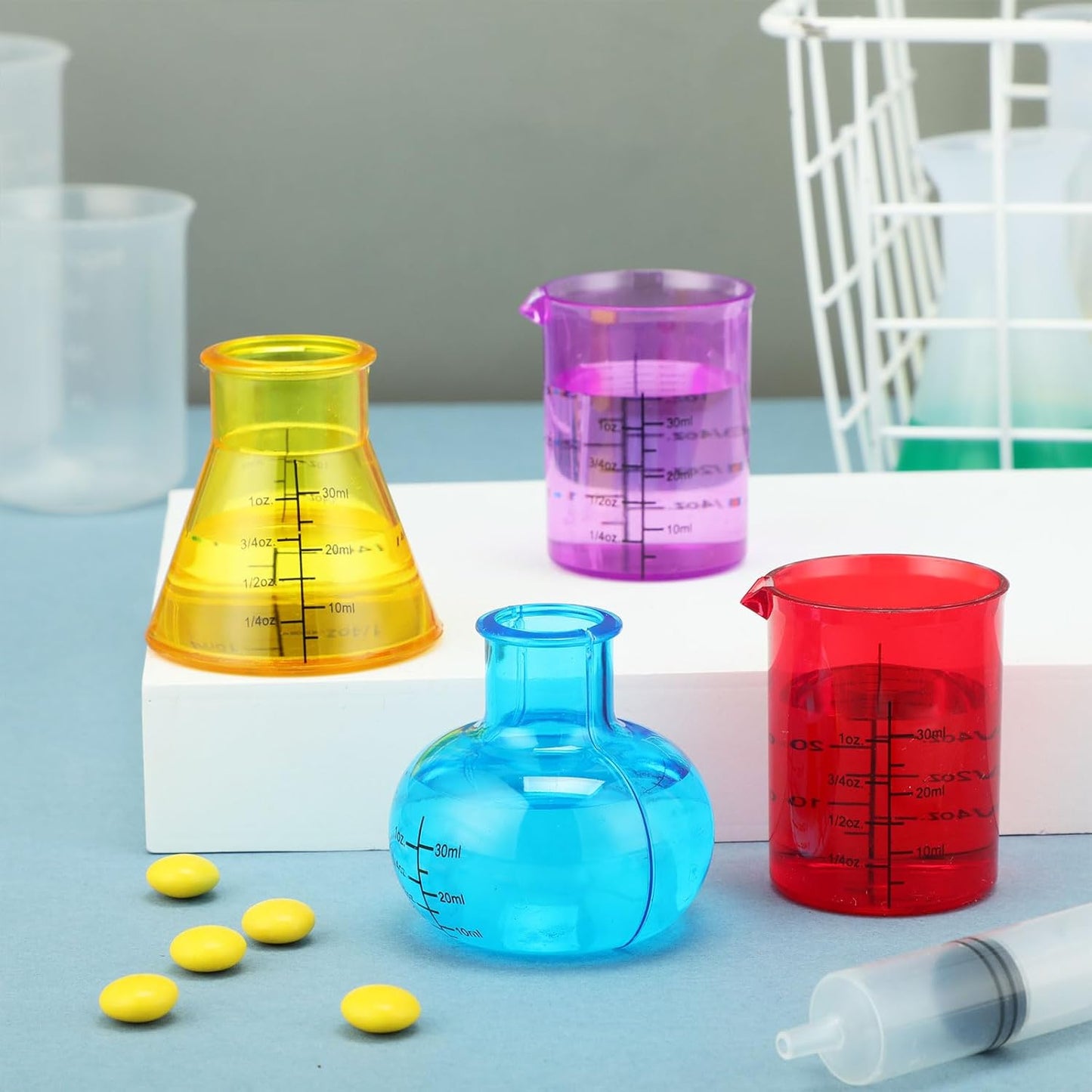 8 Pcs Science Measuring Flask Set for Kids, Graduated Cylinder 30ml Plastic Beakers Science Kits for Kids Ideal for DIY and Lab Experiment, Chemistry, Studies