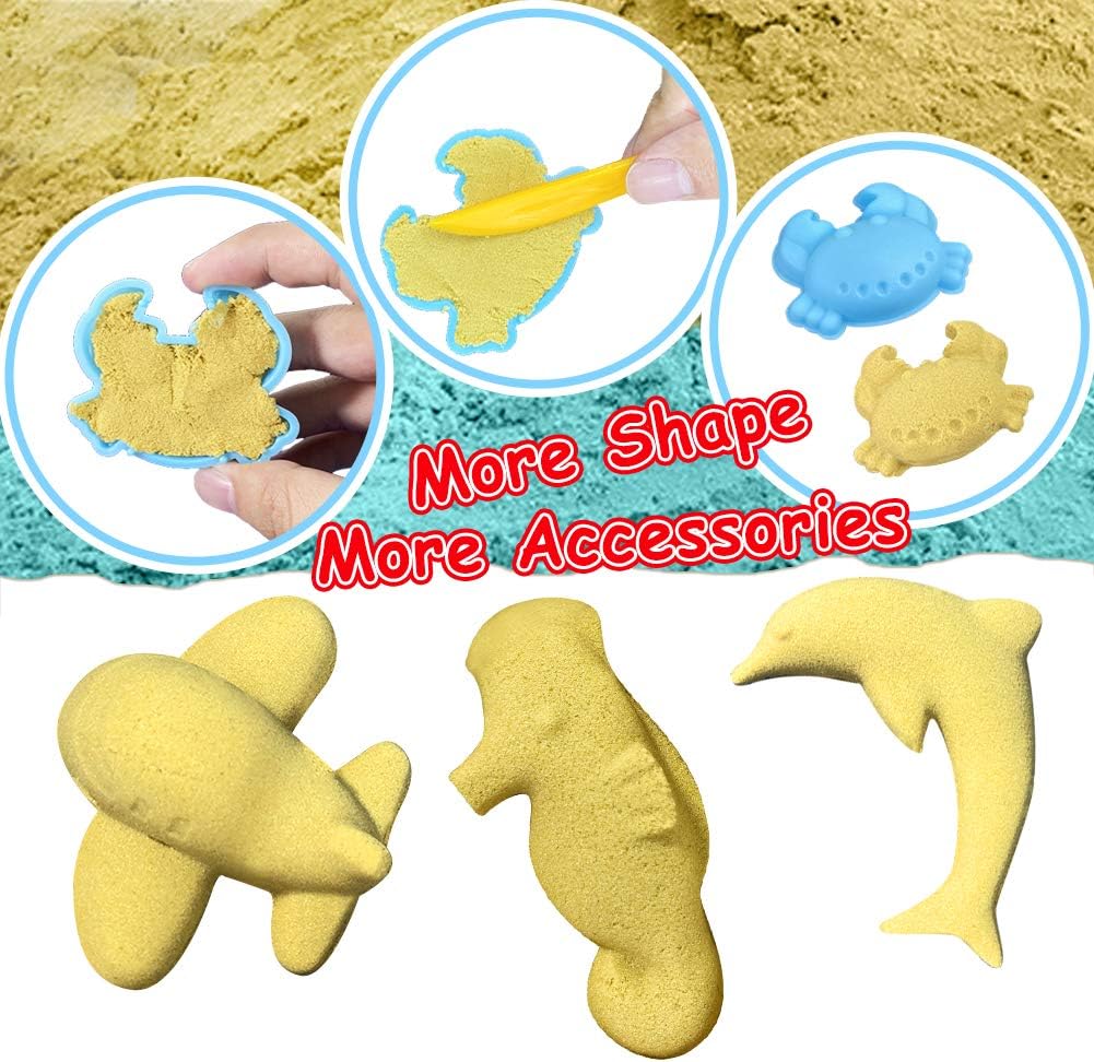ESSENSON Play Construction Sand Kit - 3lbs Sand with 2 Colors, 6 Mini Construction Trucks, Construction Toys and Signs, Animal Mold, Modeling Tools, Foldable Sandbox, Gifts for Boys Girls