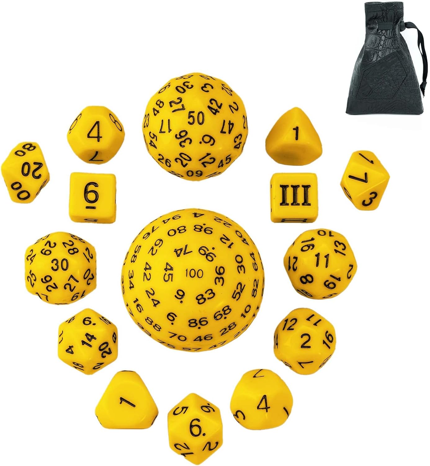 15 Pieces Complete Polyhedral DND Dice Set D3-D100 Spherical D&D Dice Set with Dragon Eye Dice Bag, D100 Dice for RPG Table Games(Black w/Purple Numbers)