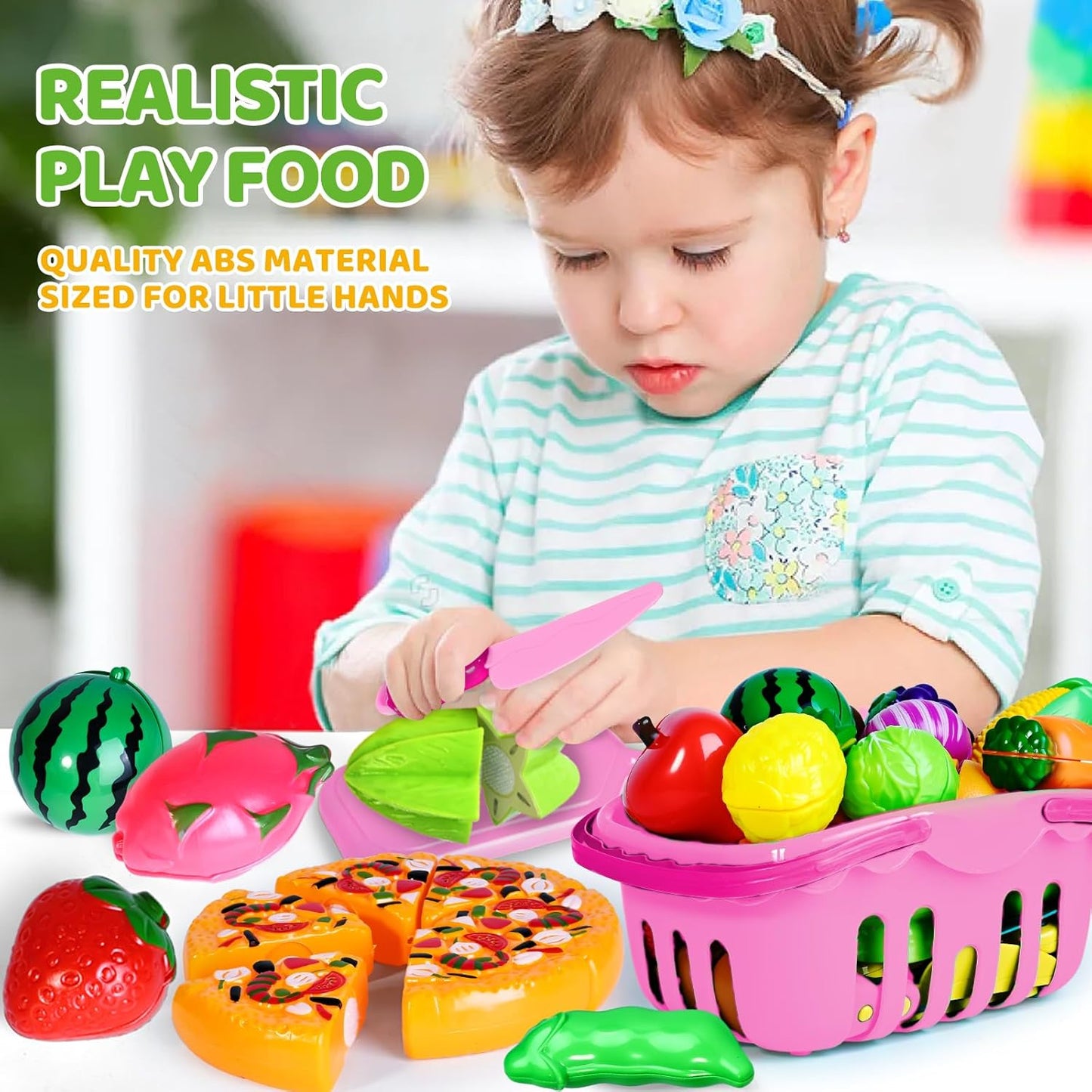 100 PCS Cutting Play Food Toy for Kids Kitchen, Pretend Food Toys for Toddlers, Play Kitchen Toys Accessories with 2 Baskets, Fake Food/Fruit/Vegetable, Birthday Gifts for 3 4 5 Years Old Boys Girls