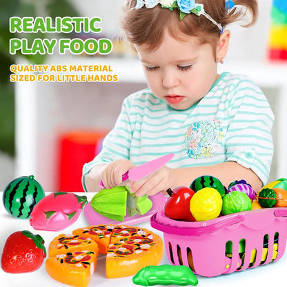 100 PCS Cutting Play Food Toy for Kids Kitchen, Pretend Food Toys for Toddlers, Play Kitchen Toys Accessories with 2 Baskets, Fake Food/Fruit/Vegetable, Birthday Gifts for 3 4 5 Years Old Boys Girls
