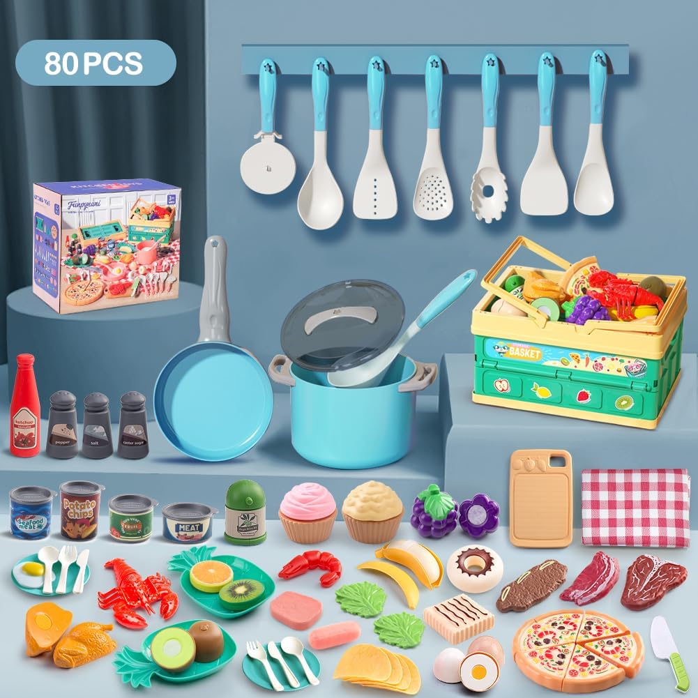 130Pcs Kitchen Playset, Toddler Pretend Cooking Play Pots, Pans, Utensils Cookware, Daily Food Fruit Veges, Shopping Storage Basket, Dessert, Prop Money, Learning Gift for Child (Pink)