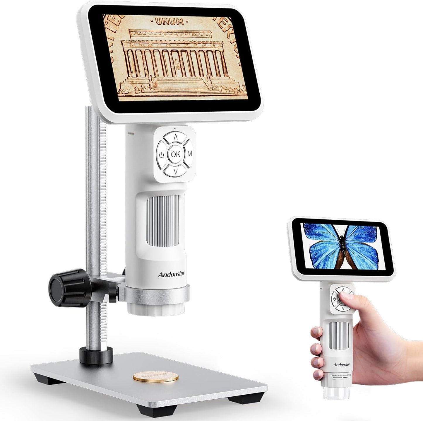 Andonstar Digital Microscope, 5" 1080P Coin Microscope Camera for Error Coin with 7.3" Metal Stand for Adults Kids, Handheld USB Coin Magnifier with 8 Adjustable LED Lights, Windows Mac PC