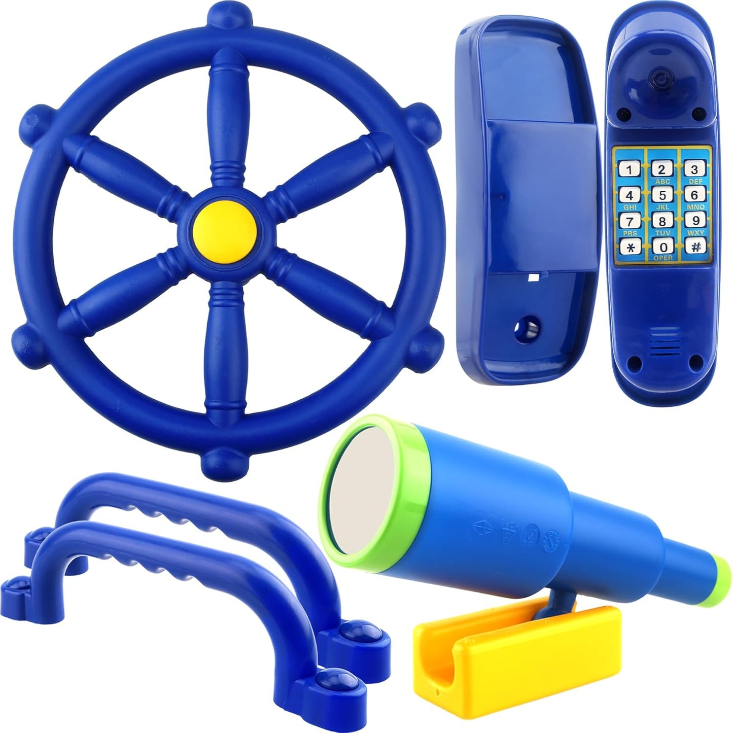 5 Pcs Kids Playground Accessories for Kids Outdoor Plastic Steering Wheel Swingset Phone Pirate Telescope Telephone Safety Handle for Child Backyard Tree House Playhouse Jungle Gym (Yellow Set 1)