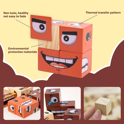 Face Changing Magic Cube Game, Wooden Expression Puzzle Block Games, Fine Motor Skills Board Games for Kids & Adults with Bell