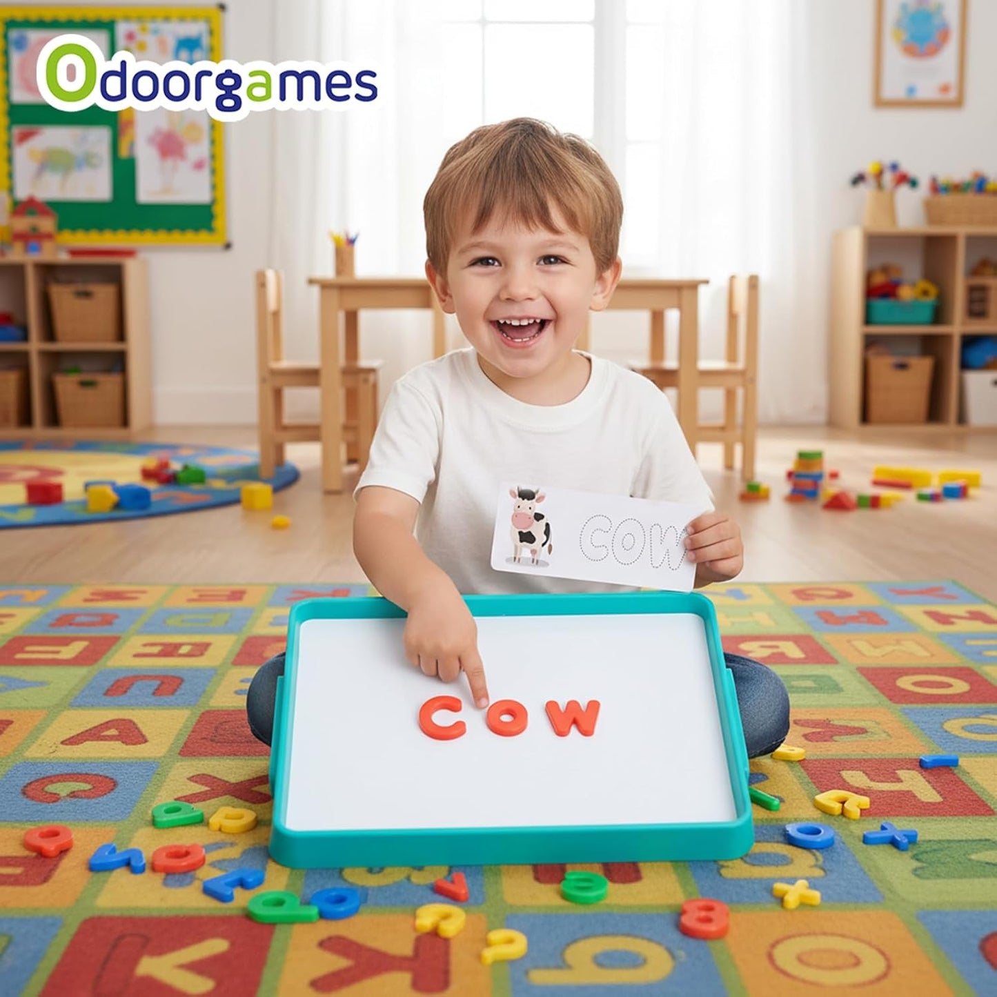 Magnetic Tray with 95 Magnetic Letters & 36 Alphabet Flash Cards – Kids Dry Erase Board, Magnetic Board for Kids & Classroom Learning Tool (Cyan)