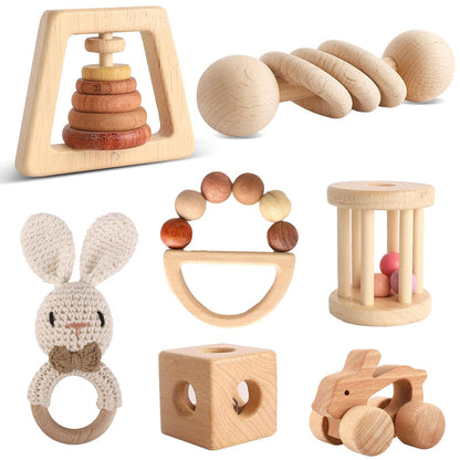 Wooden Rattles for Baby, 7PCS Wooden Montessori Toys for 7-24 Months Baby Boy Girl, Natural Beech Wood Grasping Toy, Gift for Babies