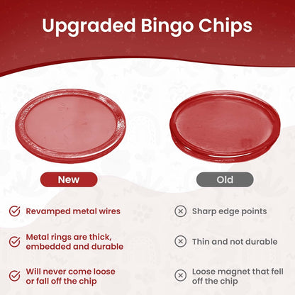 MR CHIPS Magnetic Bingo Chips with Metal Ring 3/4 Inch 300 Upgraded Pieces Red Transparent - Available in 7 Colors A Reusable Storage Bag