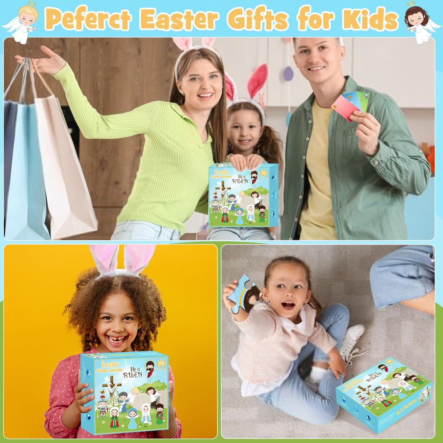 70pcs Easter Floor Puzzles for Kids Age 3-8, Easter Basket Stuffer Gifts for Kids Boy Girls Jumbo Bunny Puzzles Egg Hunt Party Favors