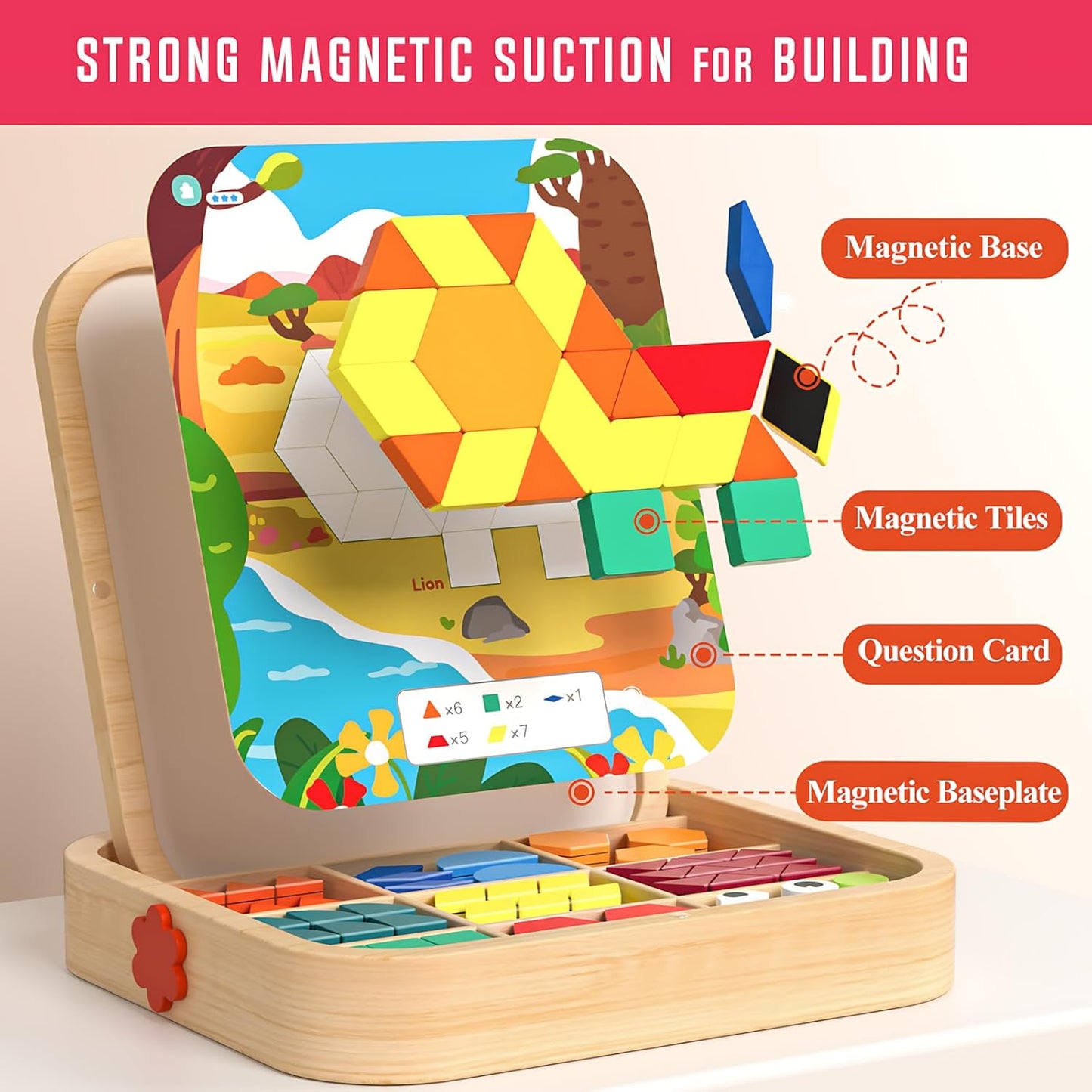 248 Pcs Wooden Magnetic Pattern Block Set with Cards, Pen & Storage Bag, Montessori STEM Tangram Puzzle Toys for Toddlers 4 5 6 7 8, Educational Brain Teaser Gift for Boys Girls