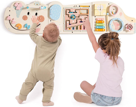 ROBUD Elephant Montessori Busy Board, 12-in-1 Activity Wall Busy Board, Montessori Sensory Wall Panel for Boys & Girls, Toddler Learning Activity Center for Playroom, Nursery, Pink