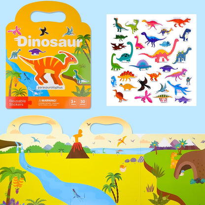 ASTARON Reusable Sticker Book for Toddlers, 88 Pcs Dinosaur Stickers Road Trip Activities Car Airplane Activities Travel Toys for Kids, Kids Quiet Time Activities (2-6 Age)