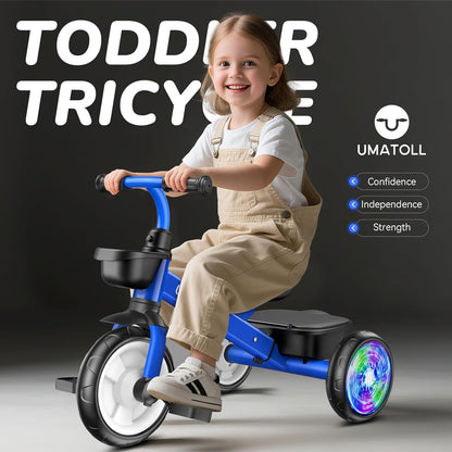 Umatoll Tricycle for Toddlers 2-5 Year Old, Ajustable Toddler Bike Outdoor Toys, Birthday Gift for Girl Age 2-4, Trike with Light up Wheels