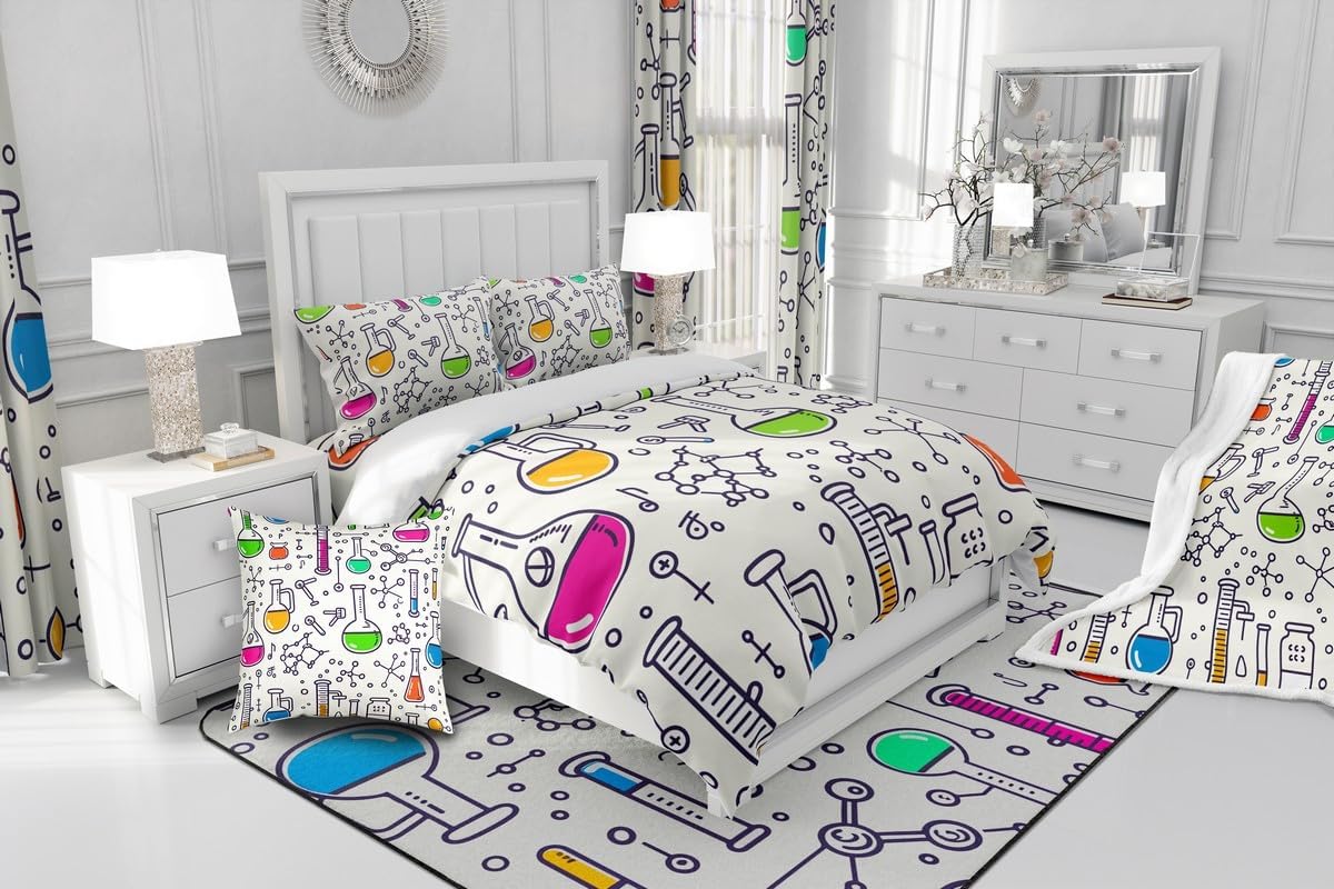 Erosebridal Chemistry Bedding Set Chemical Equation Comforter Cover for Kids Boys,Science Students Duvet Cover Test Tube Microscope Chemical Equipment Bed Set Full,Science Educational Dorm Room Decor
