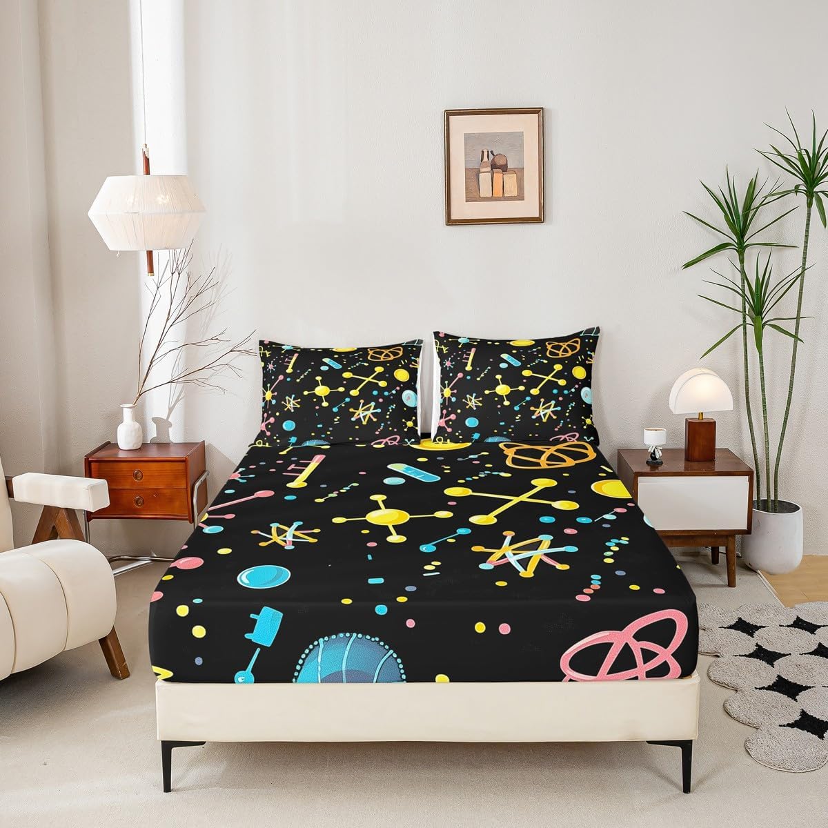 Chemistry Bed Sheets for Kids Teens Girls Boys,Chemical Experiment Fitted Sheet Twin,Science Themed Sheets for Math Lovers,Chemistry Lab Bedding Set,White and Black