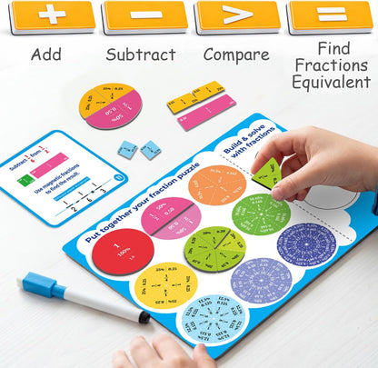 Simply magic 117 PCS Magnetic Fraction Puzzle with Tiles & Circles - Educational Fraction Magnets, Strips, Fraction Manipulatives with Decimals & Percentages for Elementary School & Homeschool
