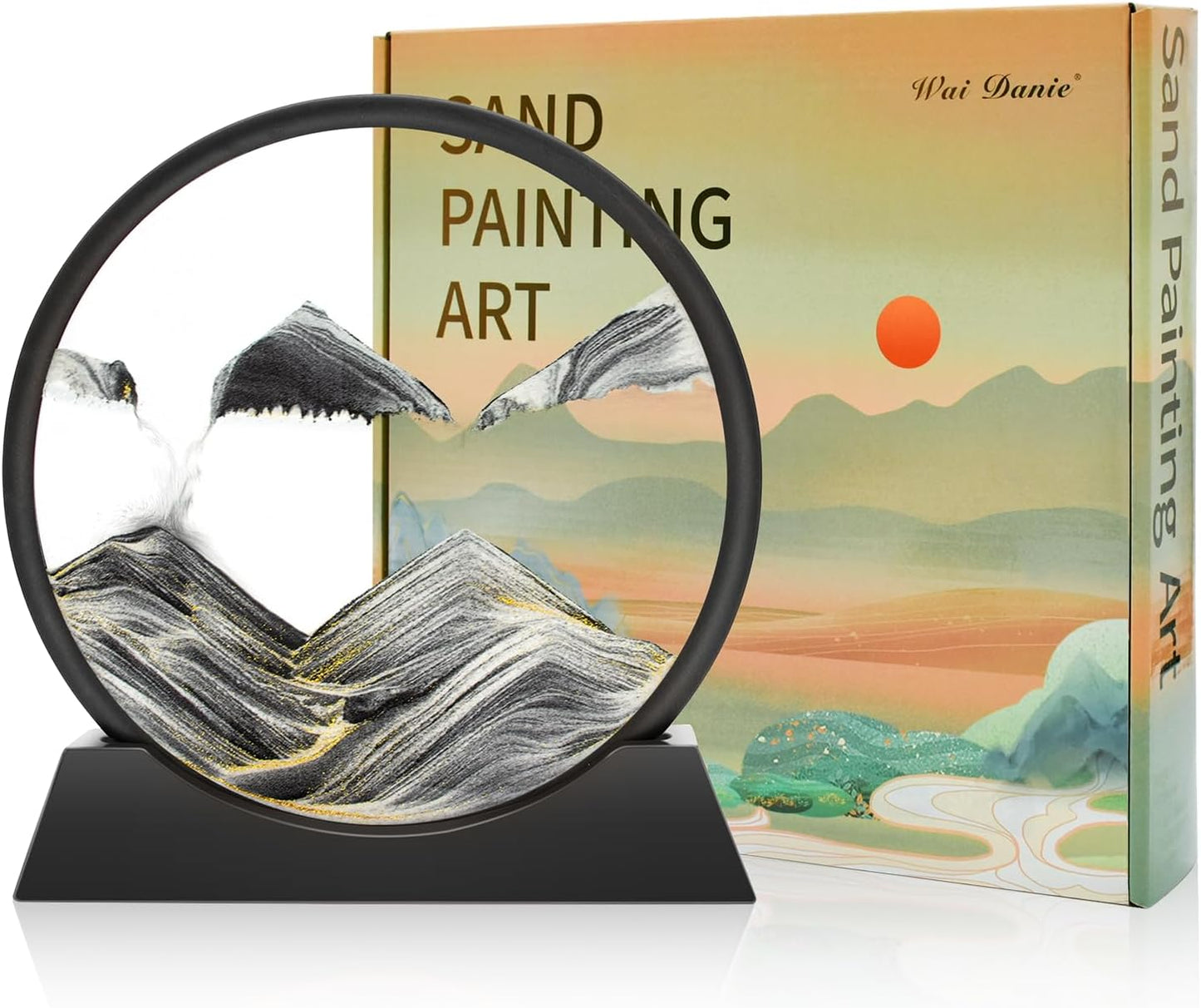 Wai Danie Moving Sand Art Picture 3D Hourglass Deep Sea Sandscape Liquid Motion Display Painting Flowing Sand Frame Relaxing Desktop Home Office Work Decor (Black, 12 Inches)